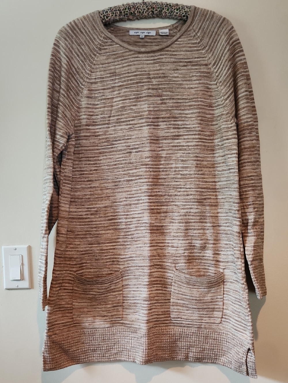 eight eight eight Neutral Beige Striped Longline Crewneck Sweater